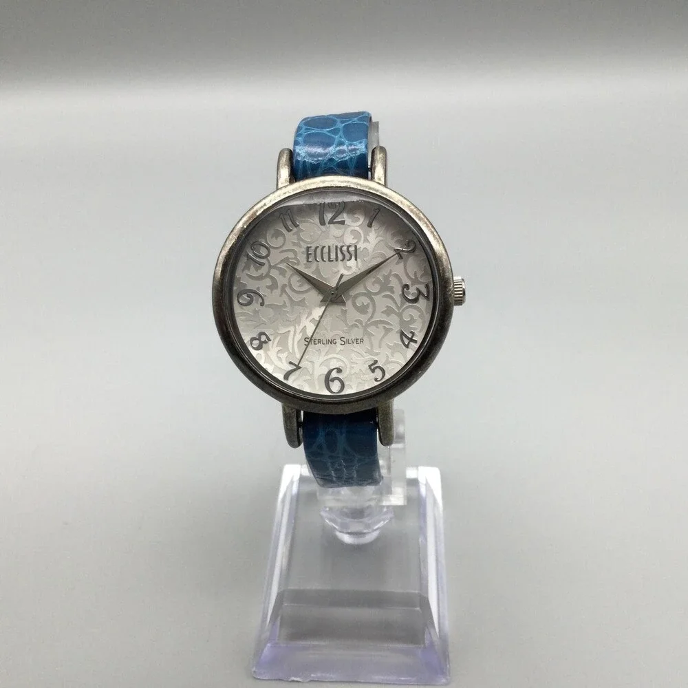 Ecclissi 23860 Womens Watch 36mm Sterling Silver Blue Leather New Battery